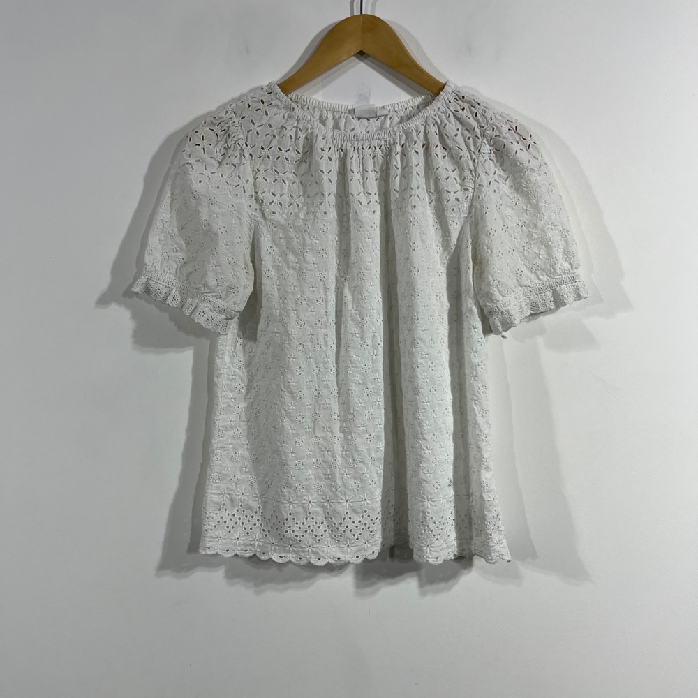 Gap Dainty Preppy Eyelet Lace Puff Sleeve Top Womens XS Floral Scalloped Boho